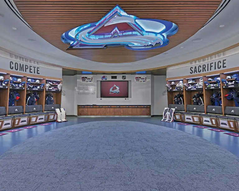 Image of the Colorado Avalanche hockey team locker room.