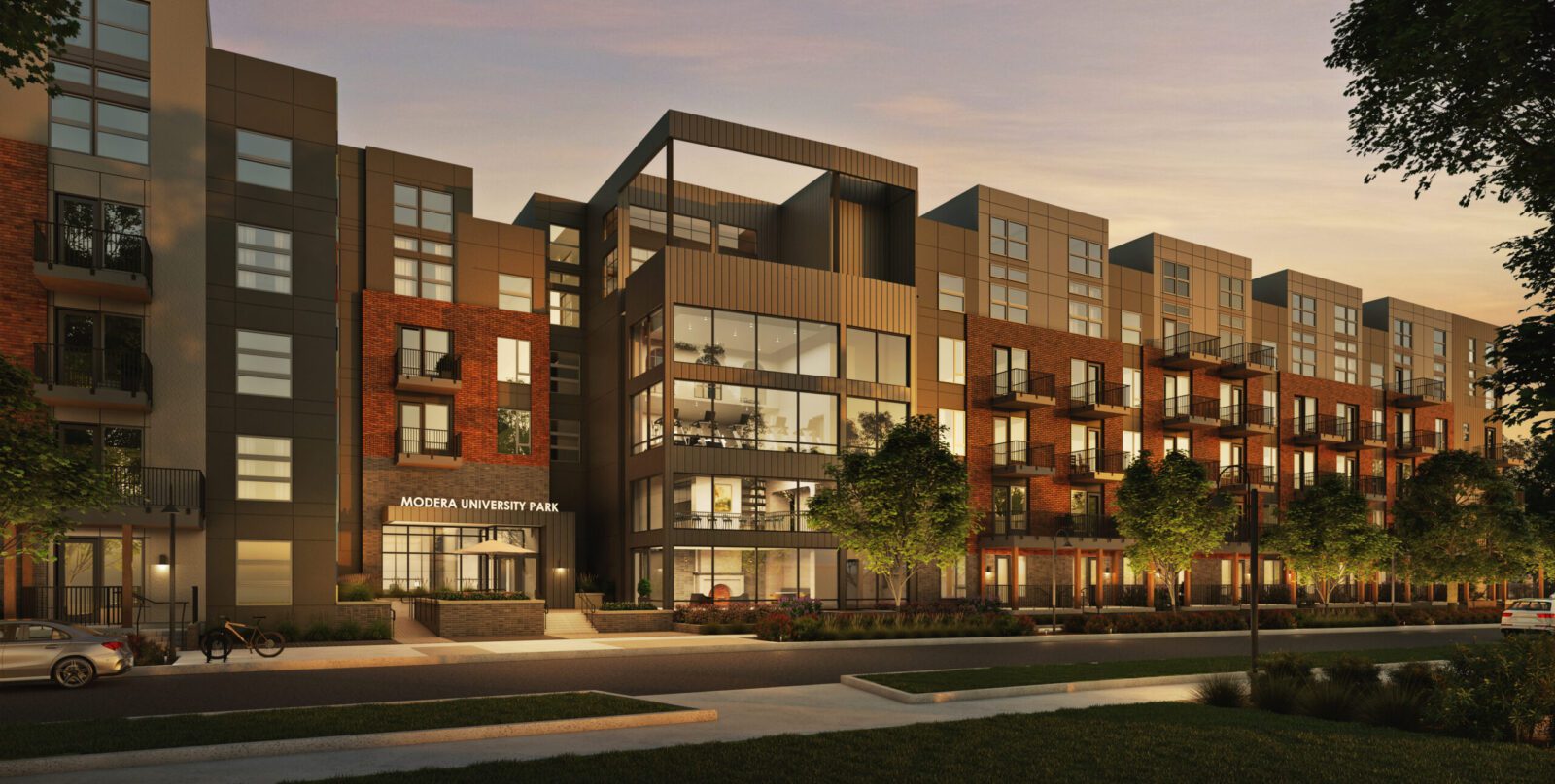 MODERA-UNIVERSITY-PARK Image of a luxury apartment building rendering with square building shape and large windows.