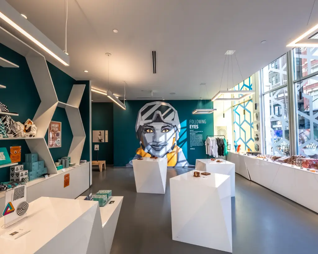 Image of a museum gift shop interior with mural.