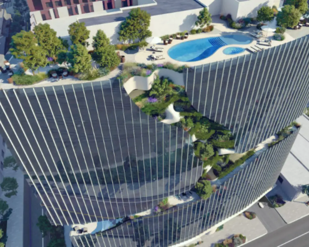 Image of an aerial view of One River North rooftop and pool in Denver, Colorado.