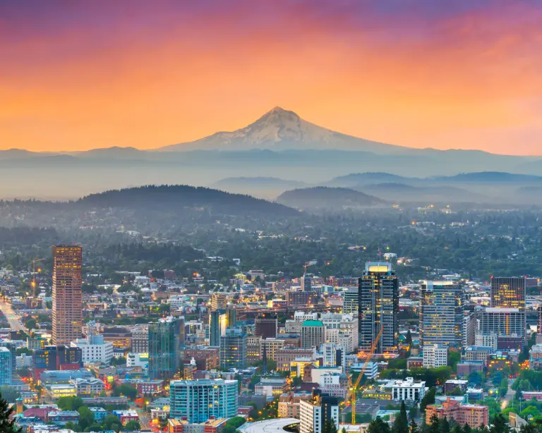 Image of an aerial view of Portland, Oregon with Mount Hood.