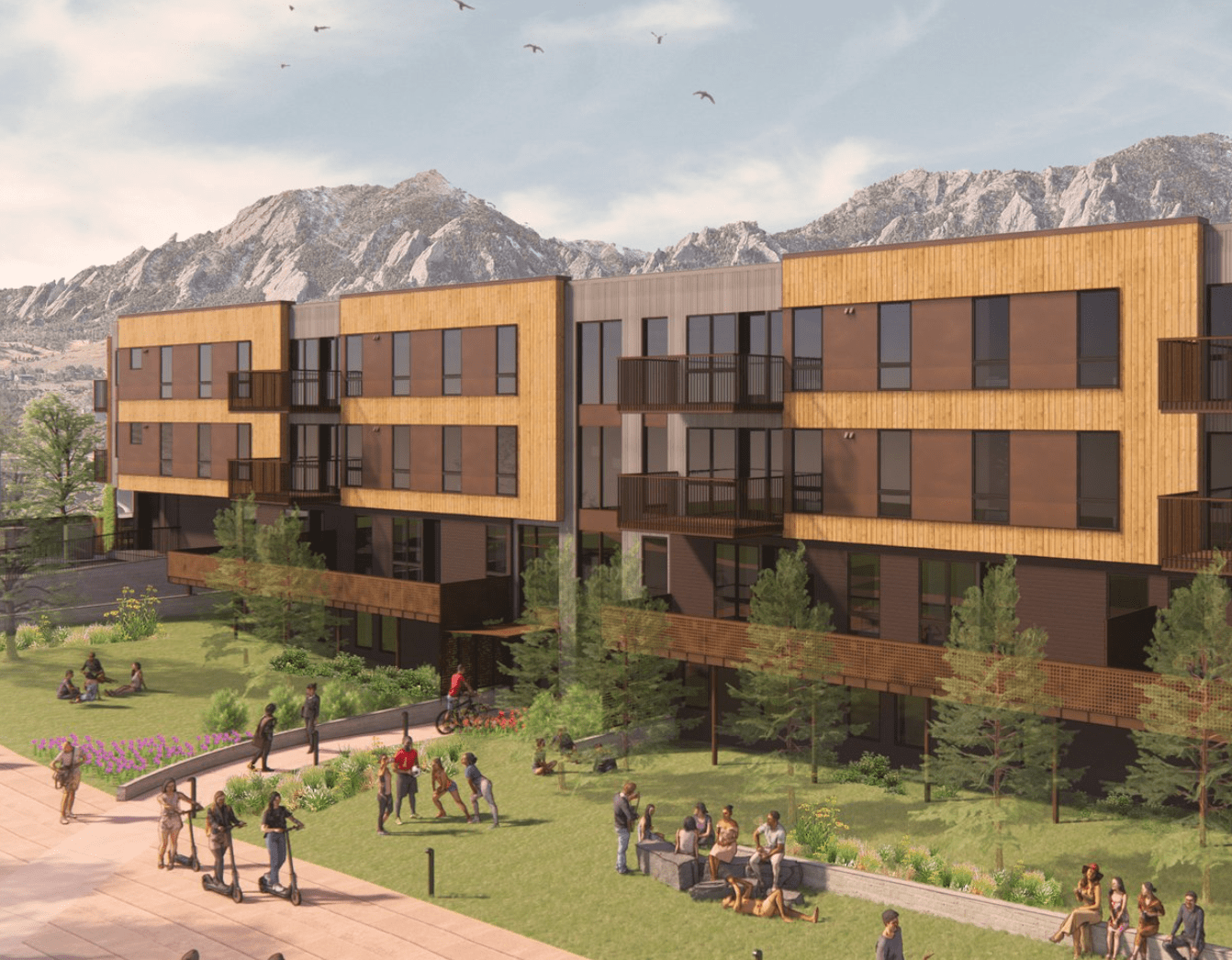 THE-HUB-BOULDER Image of The Hub apartment building rendering with modern boxy shape and mountains in the background.
