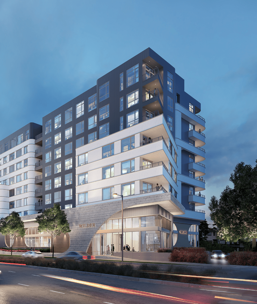 WILDER-APARTMENTS Image of a luxury apartment building with contemporary geometric shape and large windows.
