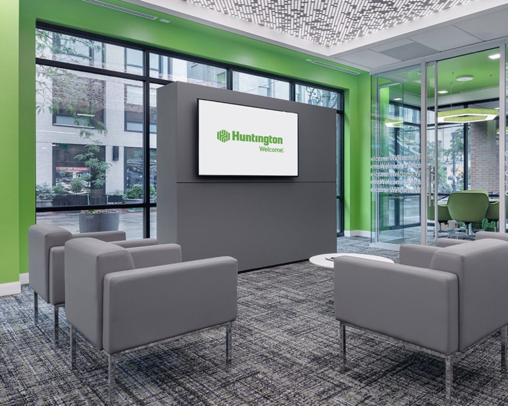 Modern grey and green interior of Huntington Bank.