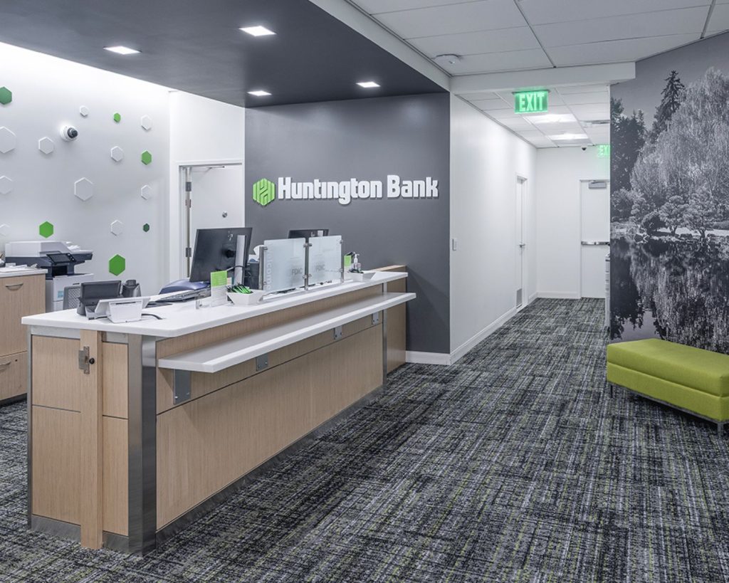 Modern grey and green interior of Huntington Bank.